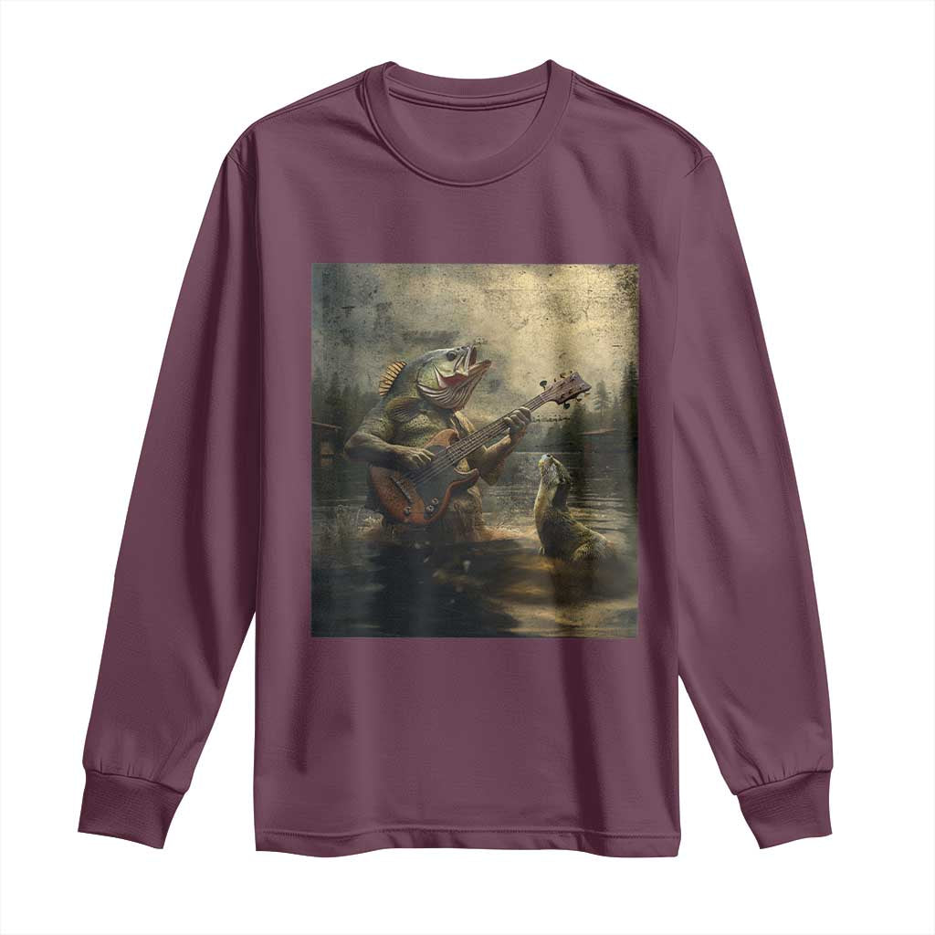 Weird Bass Fish Playing Bass Guitar Long Sleeve Shirt Funny Cursed Meme TS14 Maroon Print Your Wear