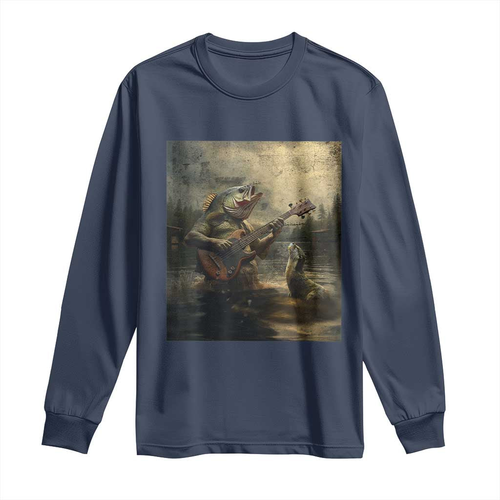 Weird Bass Fish Playing Bass Guitar Long Sleeve Shirt Funny Cursed Meme TS14 Navy Print Your Wear