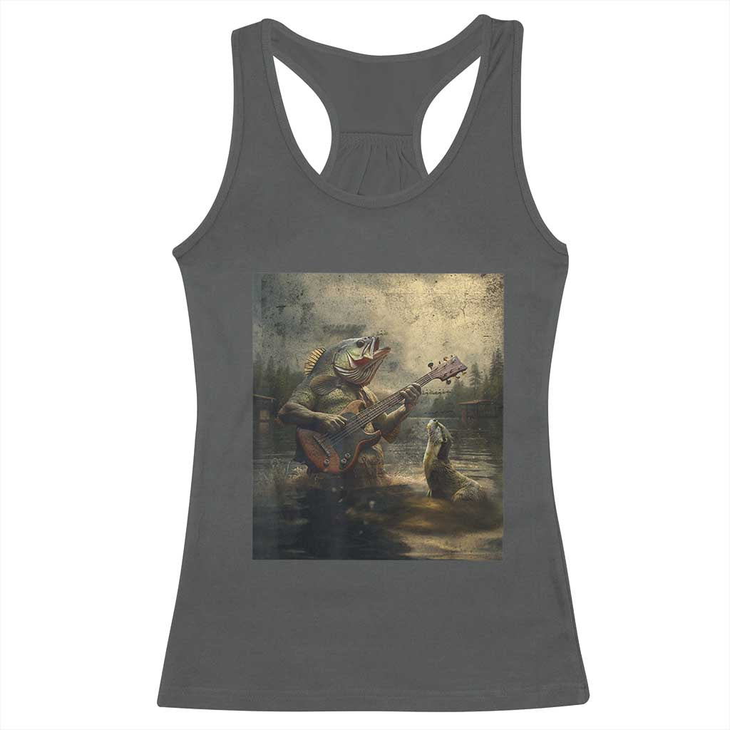 Weird Bass Fish Playing Bass Guitar Racerback Tank Top Funny Cursed Meme TS14 Dark Heather Print Your Wear