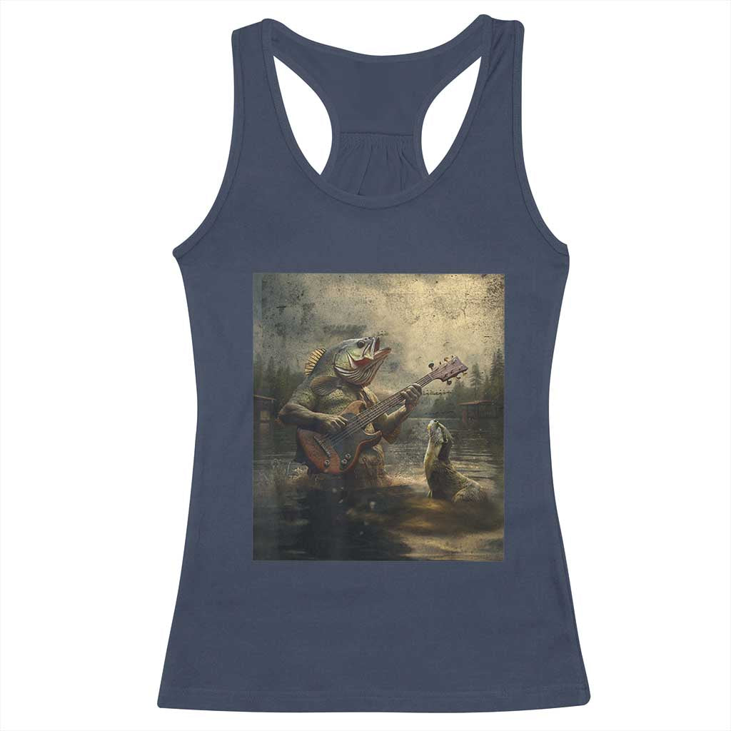 Weird Bass Fish Playing Bass Guitar Racerback Tank Top Funny Cursed Meme TS14 Navy Print Your Wear