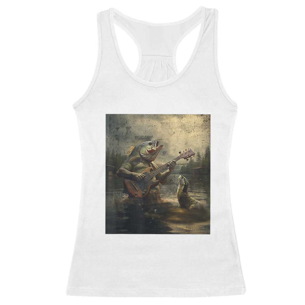 Weird Bass Fish Playing Bass Guitar Racerback Tank Top Funny Cursed Meme TS14 White Print Your Wear