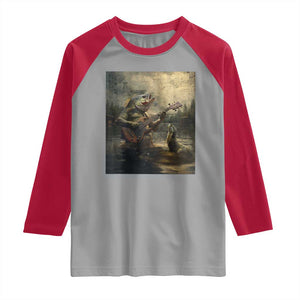 Weird Bass Fish Playing Bass Guitar Raglan Shirt Funny Cursed Meme TS14 Sport Gray Red Print Your Wear