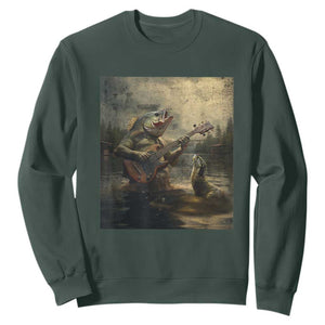 Weird Bass Fish Playing Bass Guitar Sweatshirt Funny Cursed Meme TS14 Dark Forest Green Print Your Wear