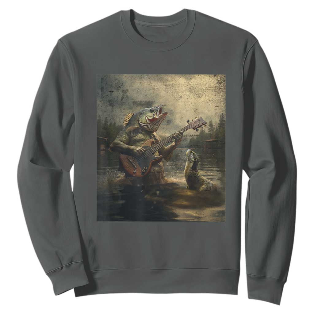 Weird Bass Fish Playing Bass Guitar Sweatshirt Funny Cursed Meme TS14 Dark Heather Print Your Wear