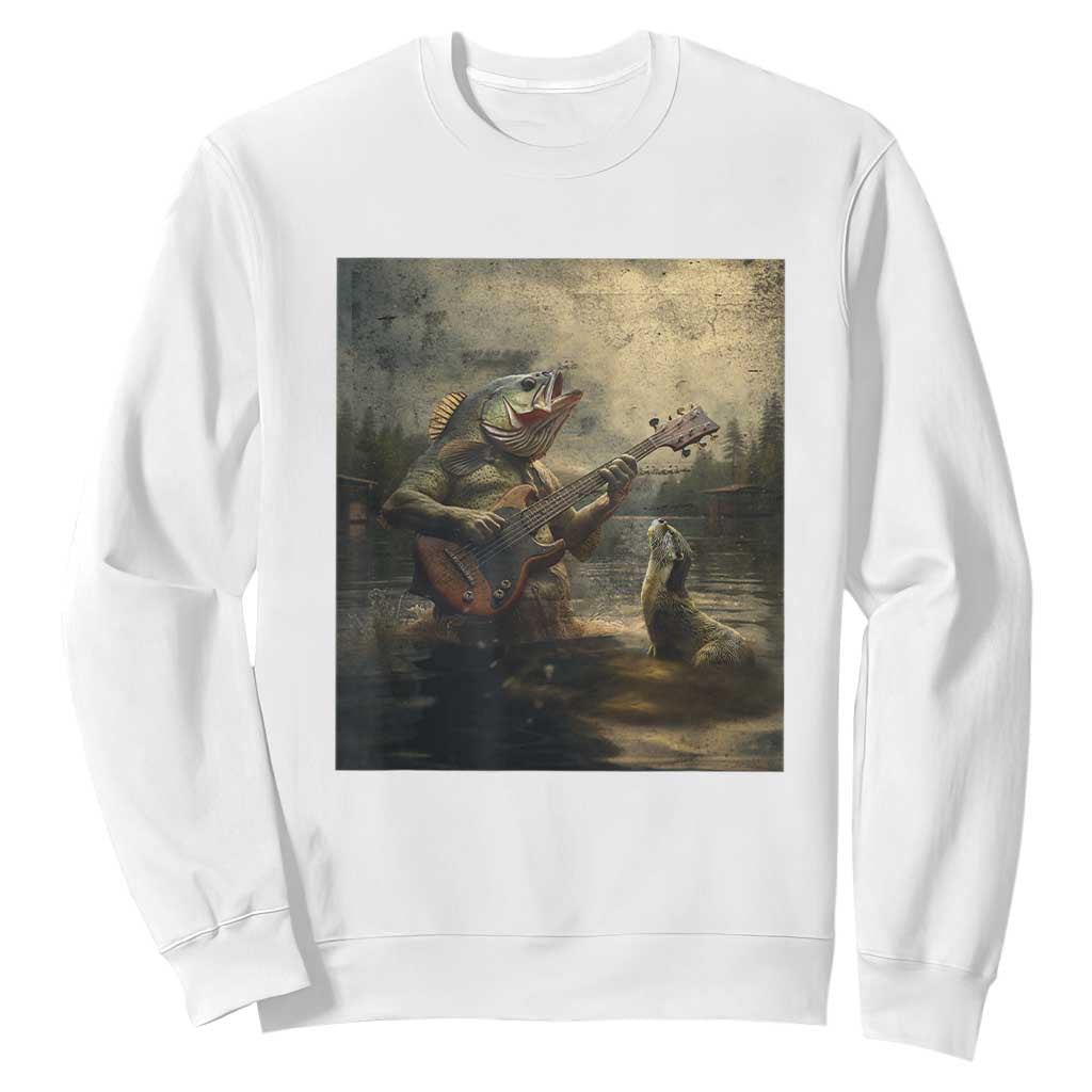 Weird Bass Fish Playing Bass Guitar Sweatshirt Funny Cursed Meme TS14 White Print Your Wear