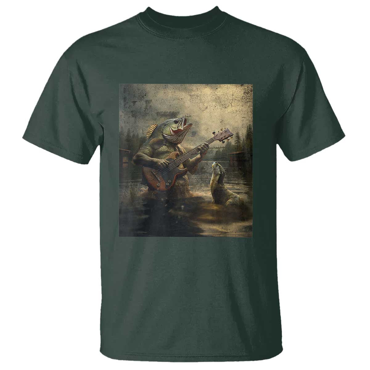 Weird Bass Fish Playing Bass Guitar T Shirt Funny Cursed Meme TS14 Dark Forest Green Print Your Wear
