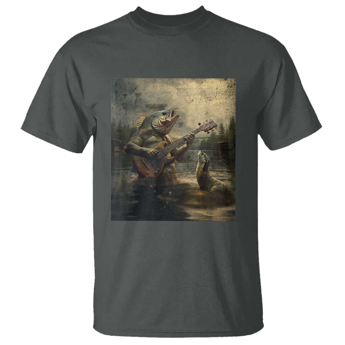 Weird Bass Fish Playing Bass Guitar T Shirt Funny Cursed Meme TS14 Dark Heather Print Your Wear