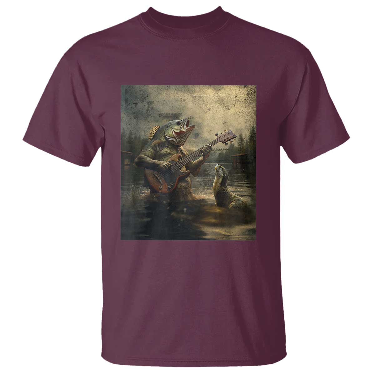 Weird Bass Fish Playing Bass Guitar T Shirt Funny Cursed Meme TS14 Maroon Print Your Wear