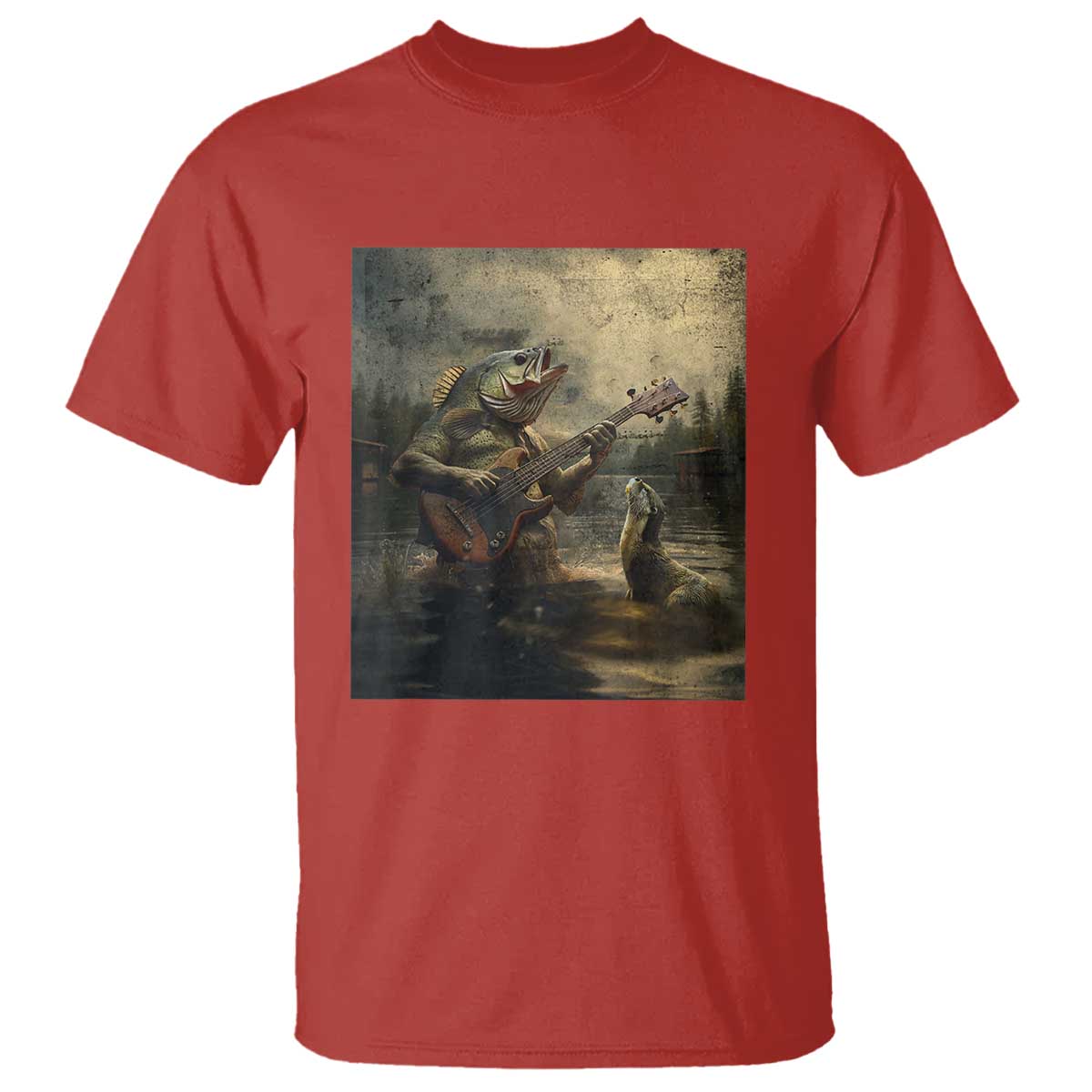 Weird Bass Fish Playing Bass Guitar T Shirt Funny Cursed Meme TS14 Red Print Your Wear
