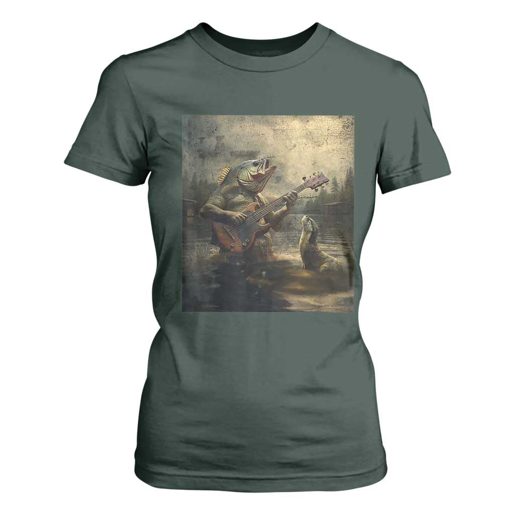 Weird Bass Fish Playing Bass Guitar T Shirt For Women Funny Cursed Meme TS14 Dark Forest Green Print Your Wear