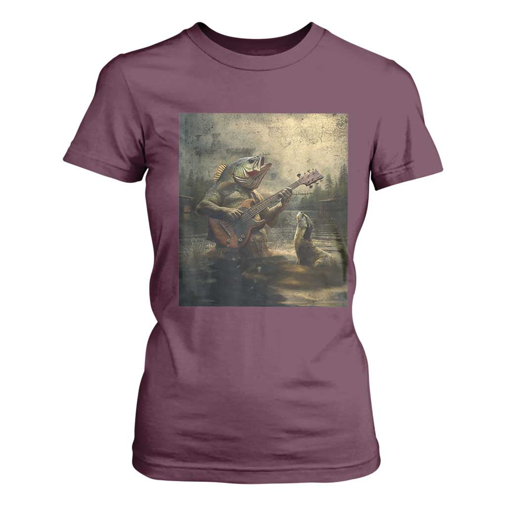 Weird Bass Fish Playing Bass Guitar T Shirt For Women Funny Cursed Meme TS14 Maroon Print Your Wear