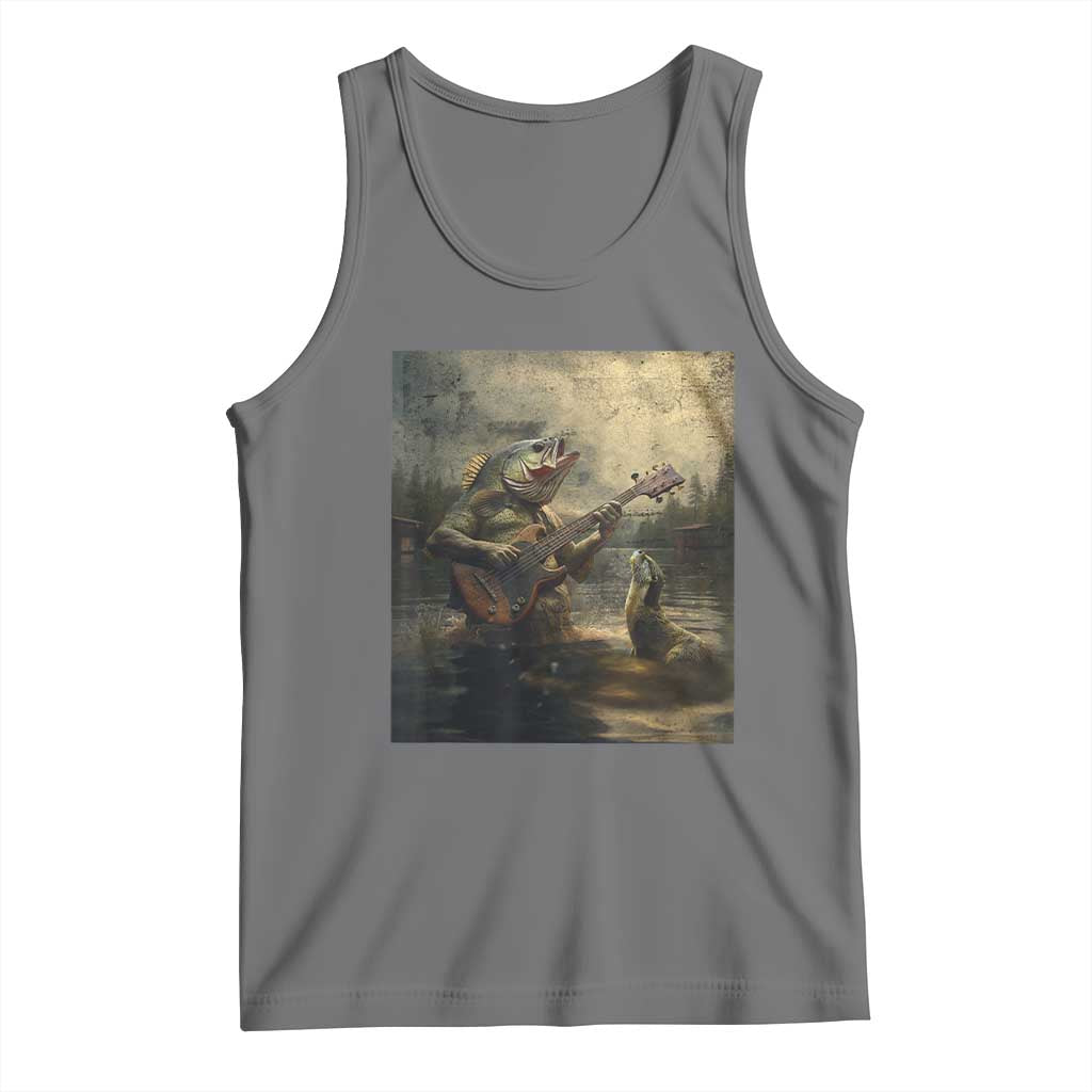 Weird Bass Fish Playing Bass Guitar Tank Top Funny Cursed Meme TS14 Black Heather Print Your Wear