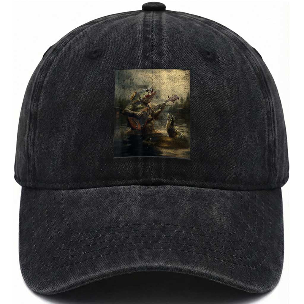 Weird Bass Fish Playing Bass Guitar Washed Cotton Baseball Cap Funny Cursed Meme TS14 Washed Cap Universal Fit Black Print Your Wear