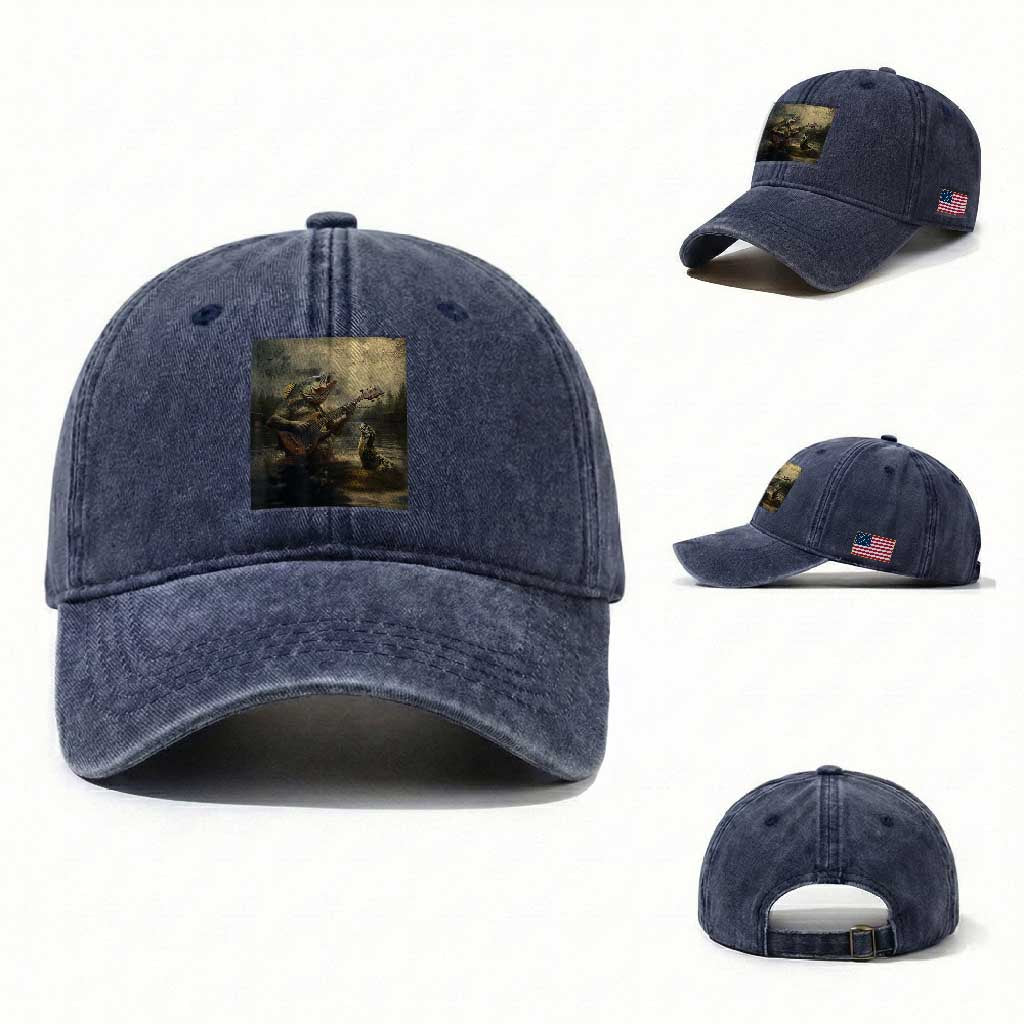 Weird Bass Fish Playing Bass Guitar Washed Cotton Baseball Cap Funny Cursed Meme TS14 Washed Cap Universal Fit Navy Print Your Wear