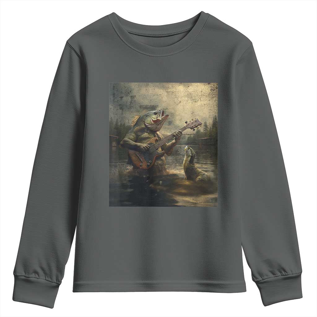 Weird Bass Fish Playing Bass Guitar Youth Sweatshirt Funny Cursed Meme TS14 Dark Heather Print Your Wear