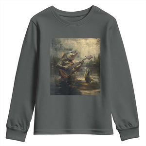 Weird Bass Fish Playing Bass Guitar Youth Sweatshirt Funny Cursed Meme TS14 Dark Heather Print Your Wear