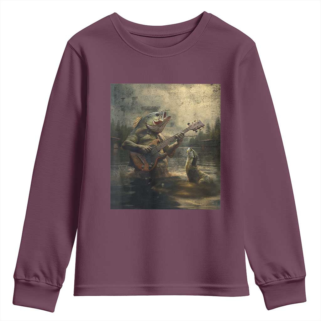 Weird Bass Fish Playing Bass Guitar Youth Sweatshirt Funny Cursed Meme TS14 Maroon Print Your Wear