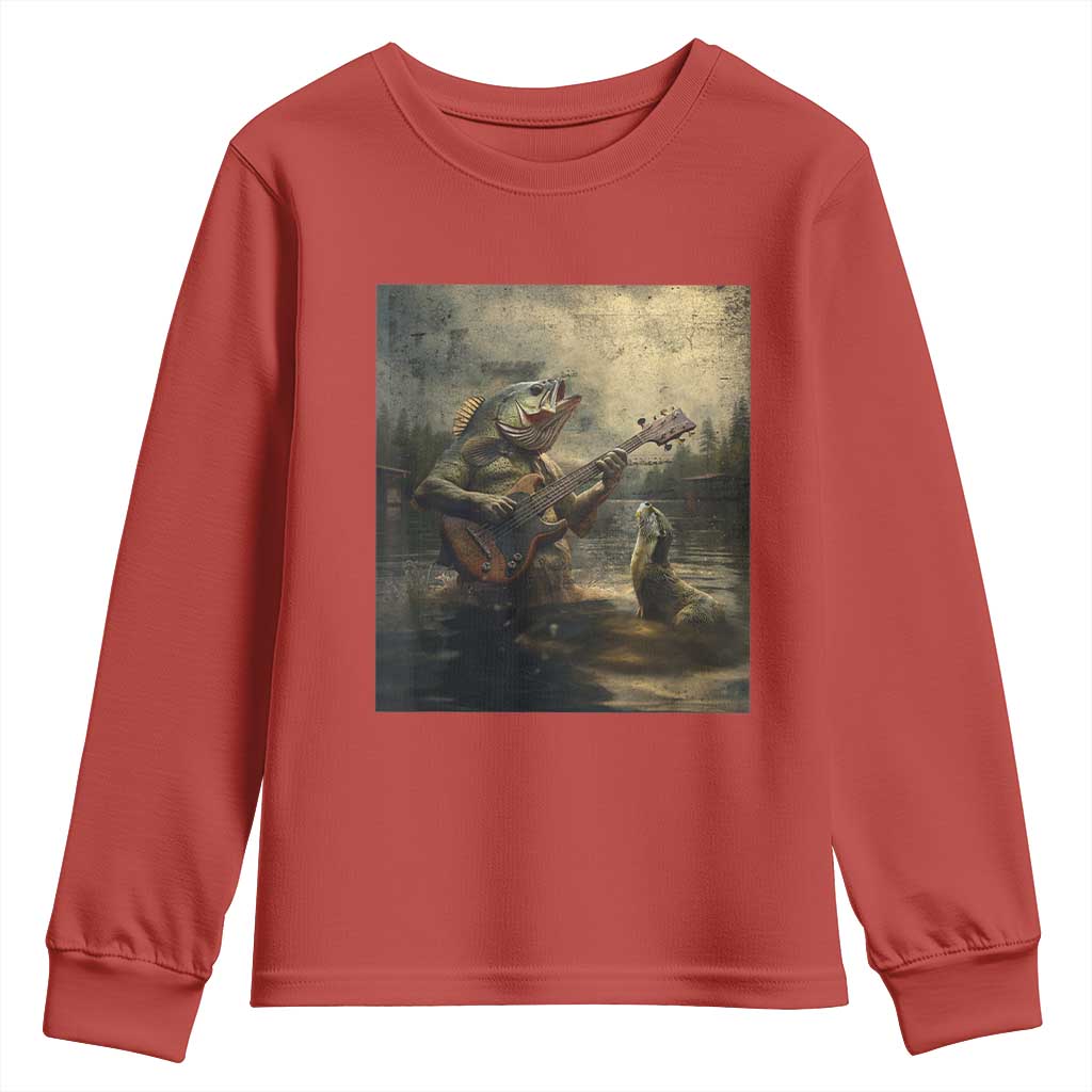 Weird Bass Fish Playing Bass Guitar Youth Sweatshirt Funny Cursed Meme TS14 Red Print Your Wear
