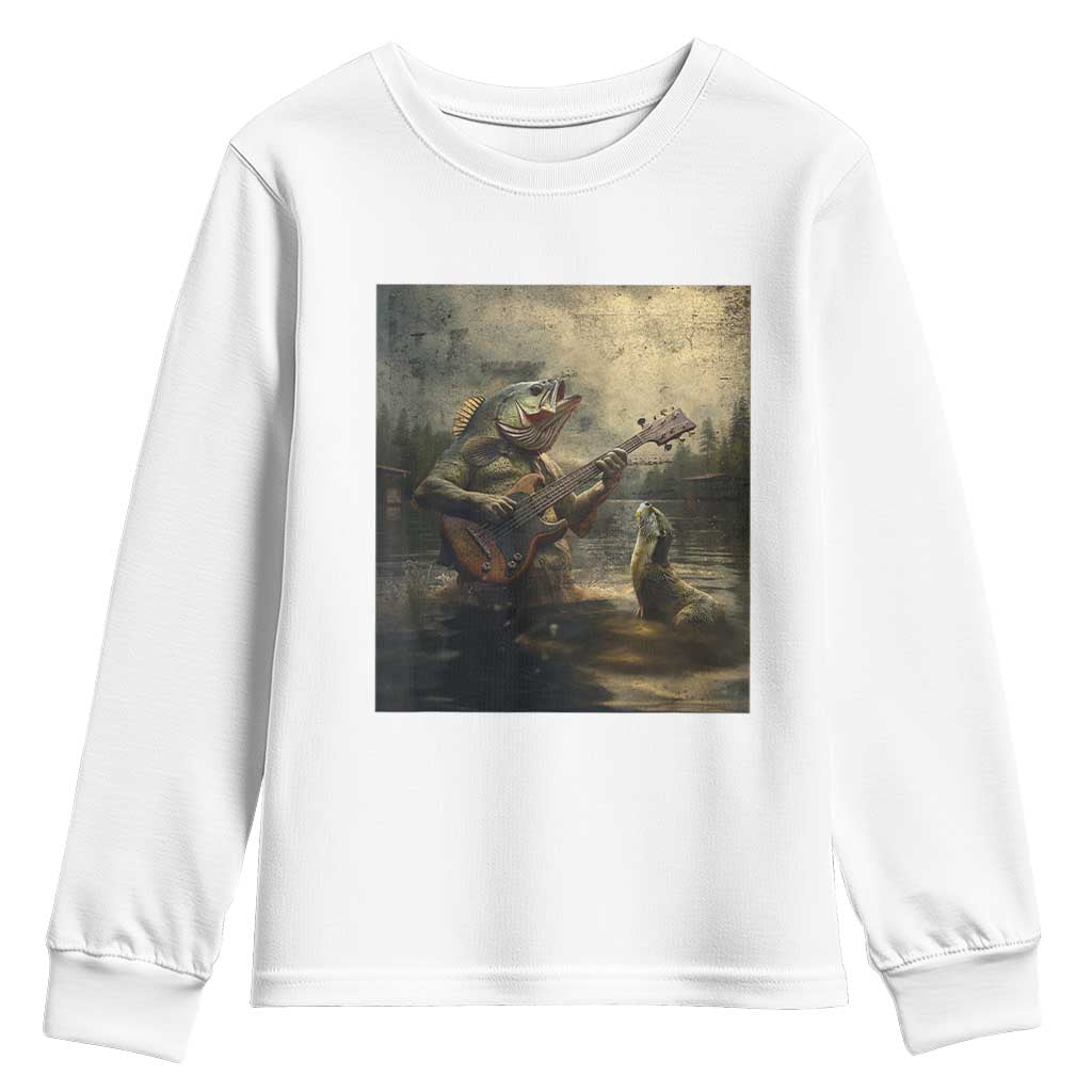 Weird Bass Fish Playing Bass Guitar Youth Sweatshirt Funny Cursed Meme TS14 White Print Your Wear