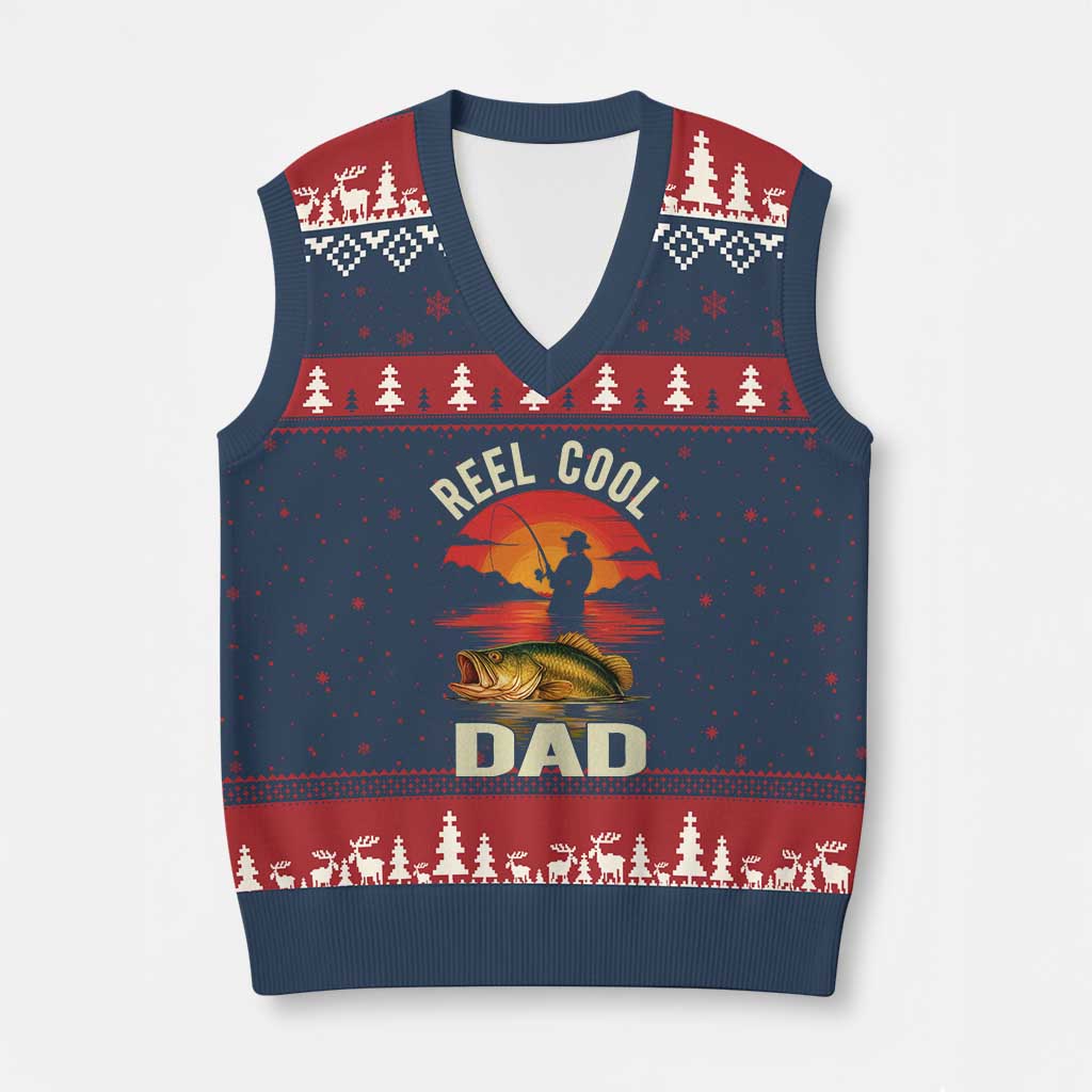 Funny Fishing Dad V-Neck Knit Sweater Vest Reel Cool Dad TS14 Navy Red Print Your Wear