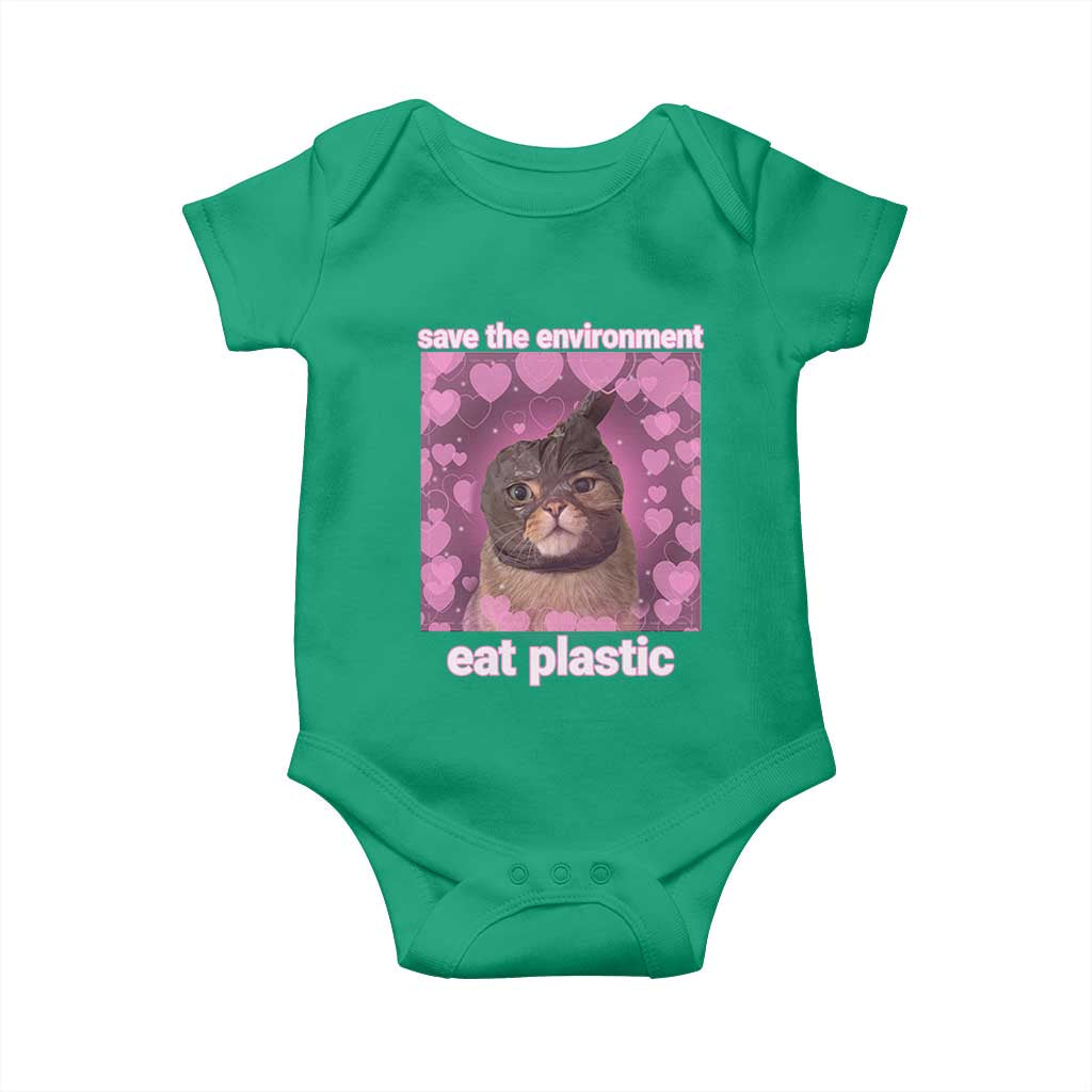 Save The Environment Eat Plastic Baby Onesie Funny Cute Cat Meme TS14 Irish Green Print Your Wear