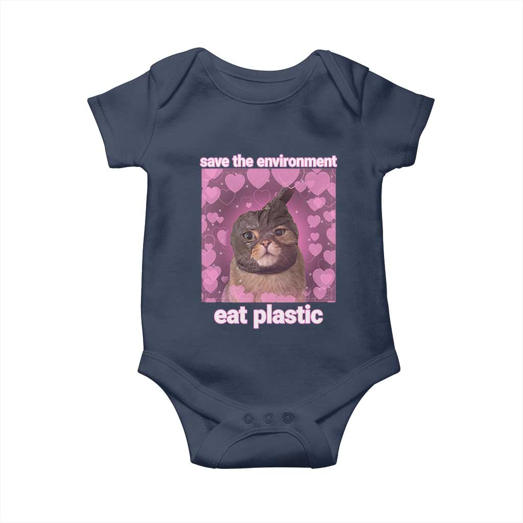 Save The Environment Eat Plastic Baby Onesie Funny Cute Cat Meme TS14 Navy Print Your Wear