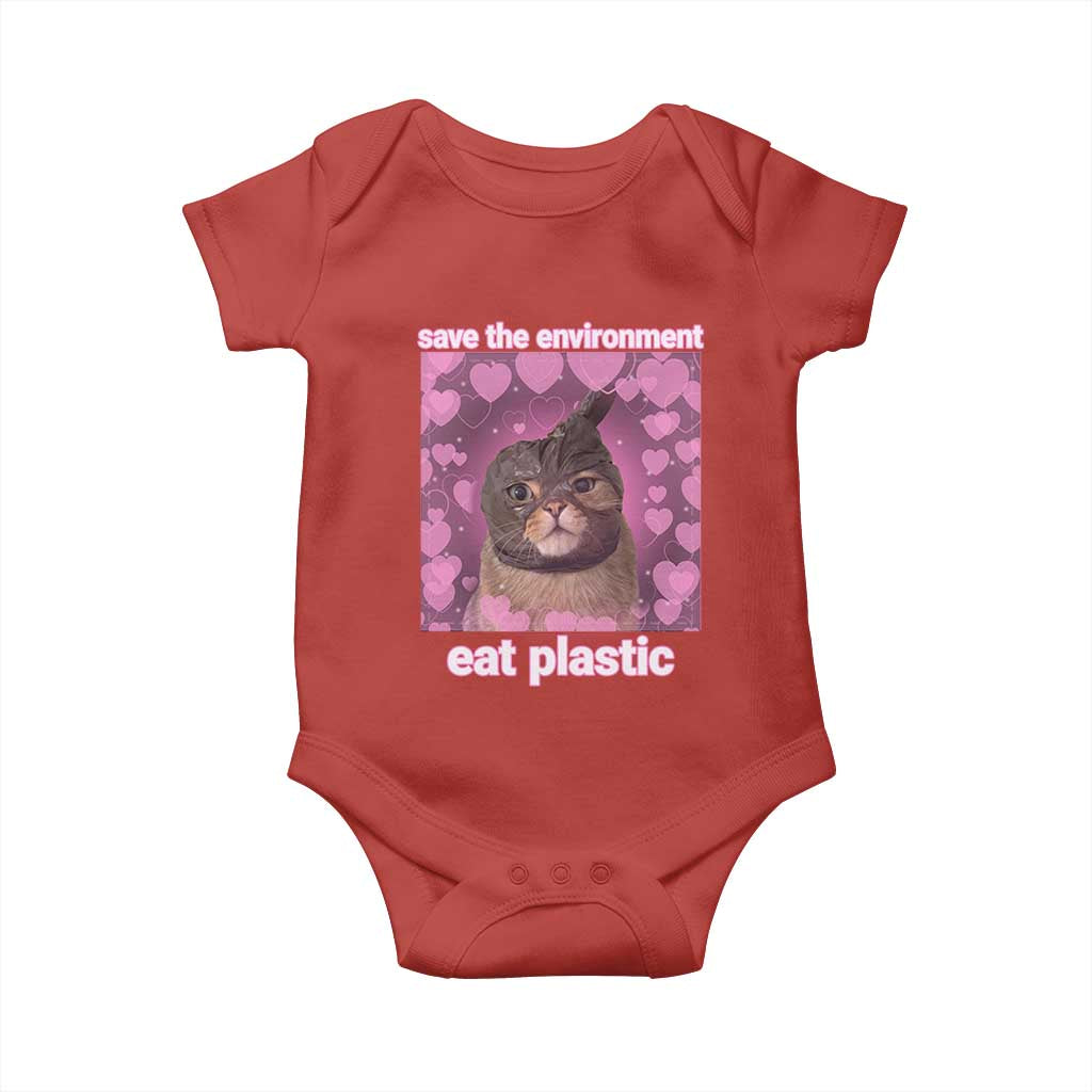 Save The Environment Eat Plastic Baby Onesie Funny Cute Cat Meme TS14 Red Print Your Wear