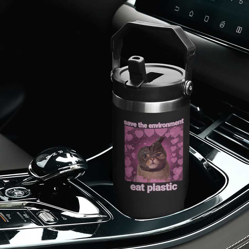 Save The Environment Eat Plastic Flip Straw Tumbler Funny Cute Cat Meme TS14 Print Your Wear