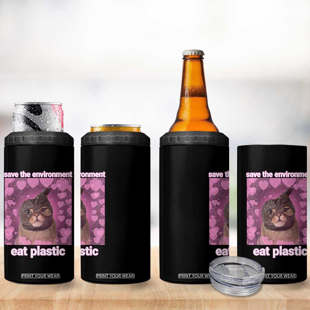 Save The Environment Eat Plastic 4 in 1 Can Cooler Tumbler Funny Cute Cat Meme TS14 Print Your Wear