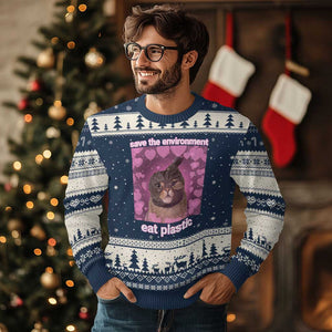 Save The Environment Eat Plastic Ugly Christmas Sweater Funny Cute Cat Meme TS14 Navy Beige Print Your Wear
