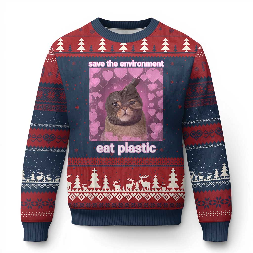 Save The Environment Eat Plastic Ugly Christmas Sweater Funny Cute Cat Meme TS14 Navy Red Print Your Wear