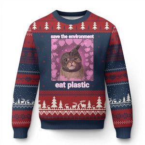 Save The Environment Eat Plastic Ugly Christmas Sweater Funny Cute Cat Meme TS14 Navy Red Print Your Wear