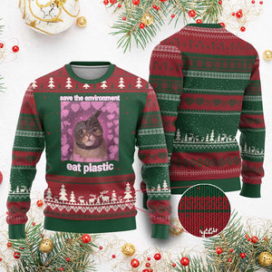 Save The Environment Eat Plastic Ugly Christmas Sweater Funny Cute Cat Meme TS14 Red Green Print Your Wear