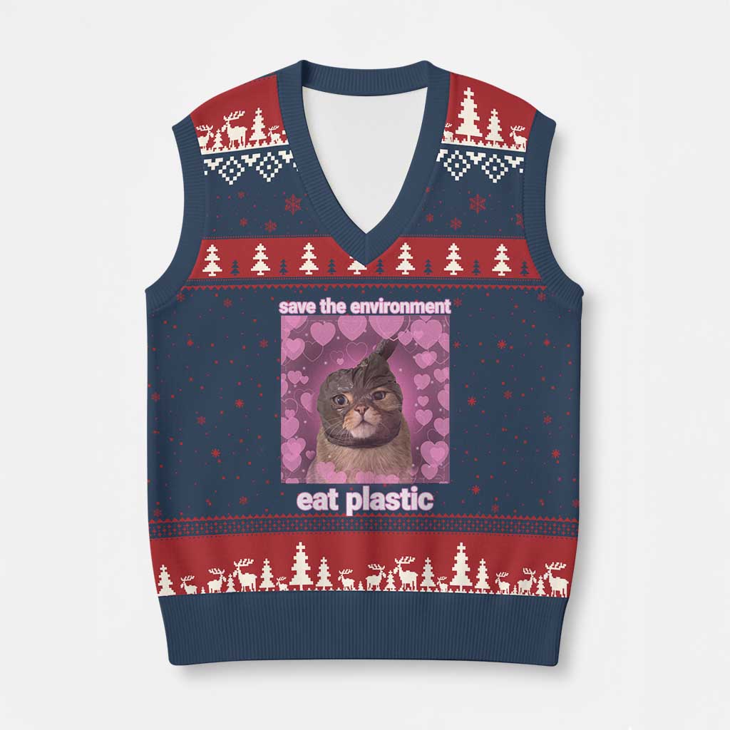 Save The Environment Eat Plastic V-Neck Knit Sweater Vest Funny Cute Cat Meme TS14 Navy Red Print Your Wear