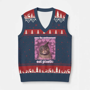Save The Environment Eat Plastic V-Neck Knit Sweater Vest Funny Cute Cat Meme TS14 Navy Red Print Your Wear
