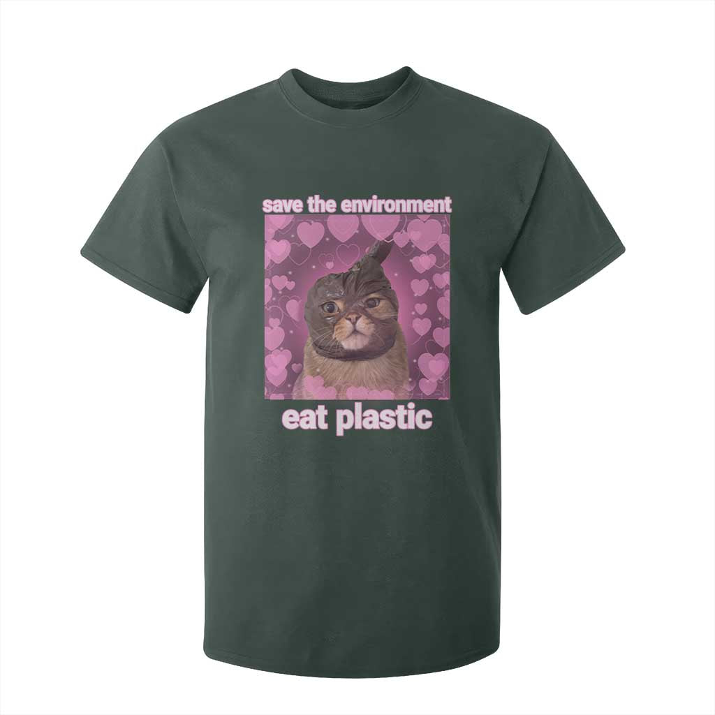 Save The Environment Eat Plastic T Shirt For Kid Funny Cute Cat Meme TS14 Dark Forest Green Print Your Wear