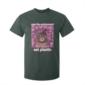 Save The Environment Eat Plastic T Shirt For Kid Funny Cute Cat Meme TS14 Dark Forest Green Print Your Wear