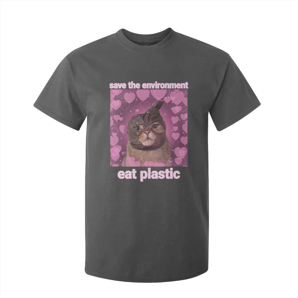 Save The Environment Eat Plastic T Shirt For Kid Funny Cute Cat Meme TS14 Dark Heather Print Your Wear