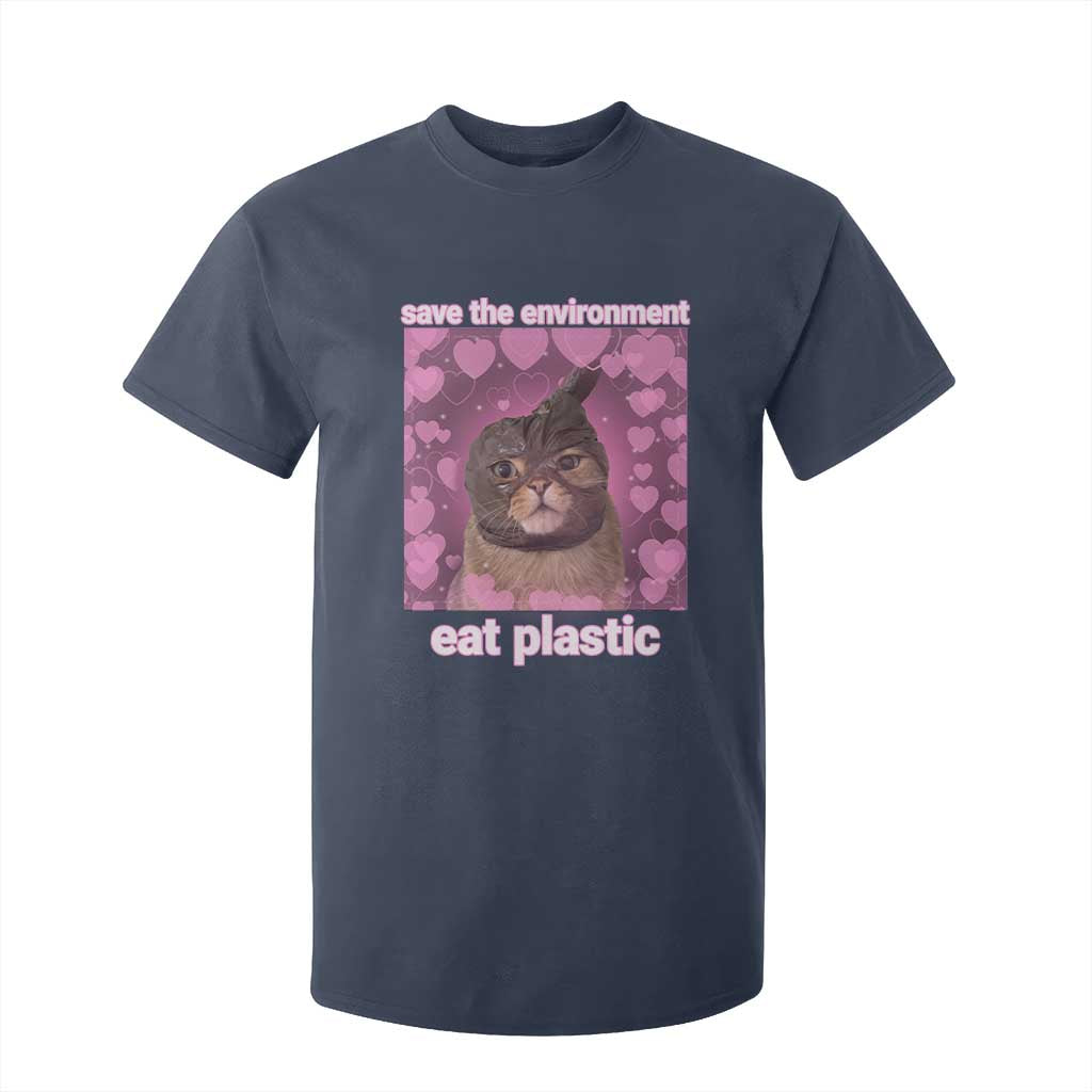 Save The Environment Eat Plastic T Shirt For Kid Funny Cute Cat Meme TS14 Navy Print Your Wear