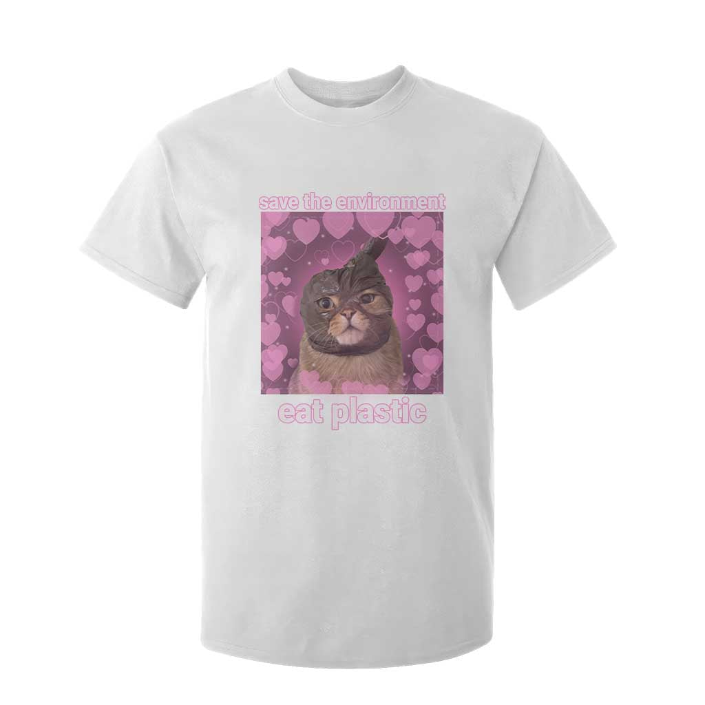 Save The Environment Eat Plastic T Shirt For Kid Funny Cute Cat Meme TS14 White Print Your Wear