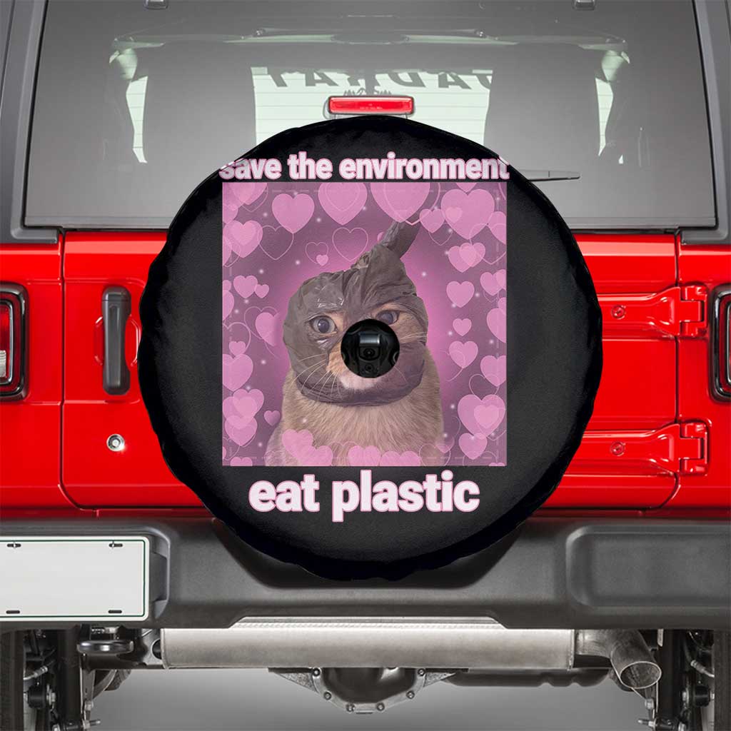 Save The Environment Eat Plastic Spare Tire Cover Funny Cute Cat Meme TS14 Black Print Your Wear