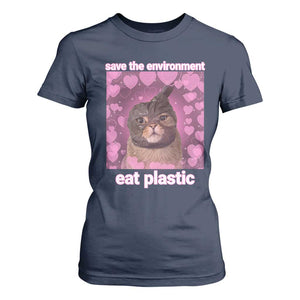 Save The Environment Eat Plastic T Shirt For Women Funny Cute Cat Meme TS14 Navy Print Your Wear