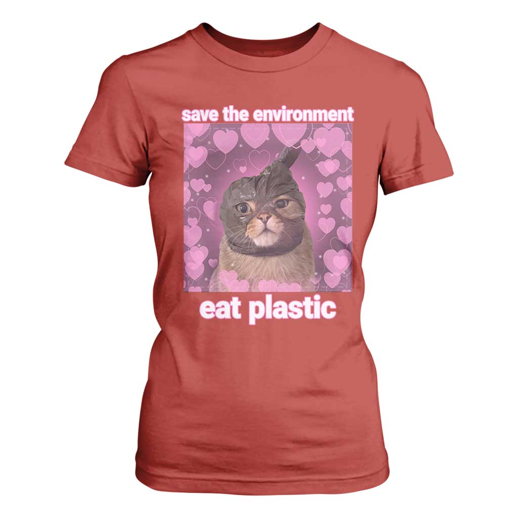 Save The Environment Eat Plastic T Shirt For Women Funny Cute Cat Meme TS14 Red Print Your Wear