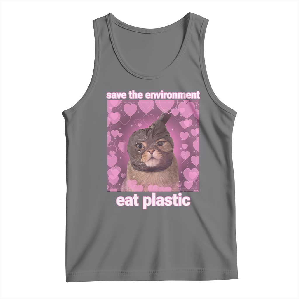 Save The Environment Eat Plastic Tank Top Funny Cute Cat Meme TS14 Black Heather Print Your Wear
