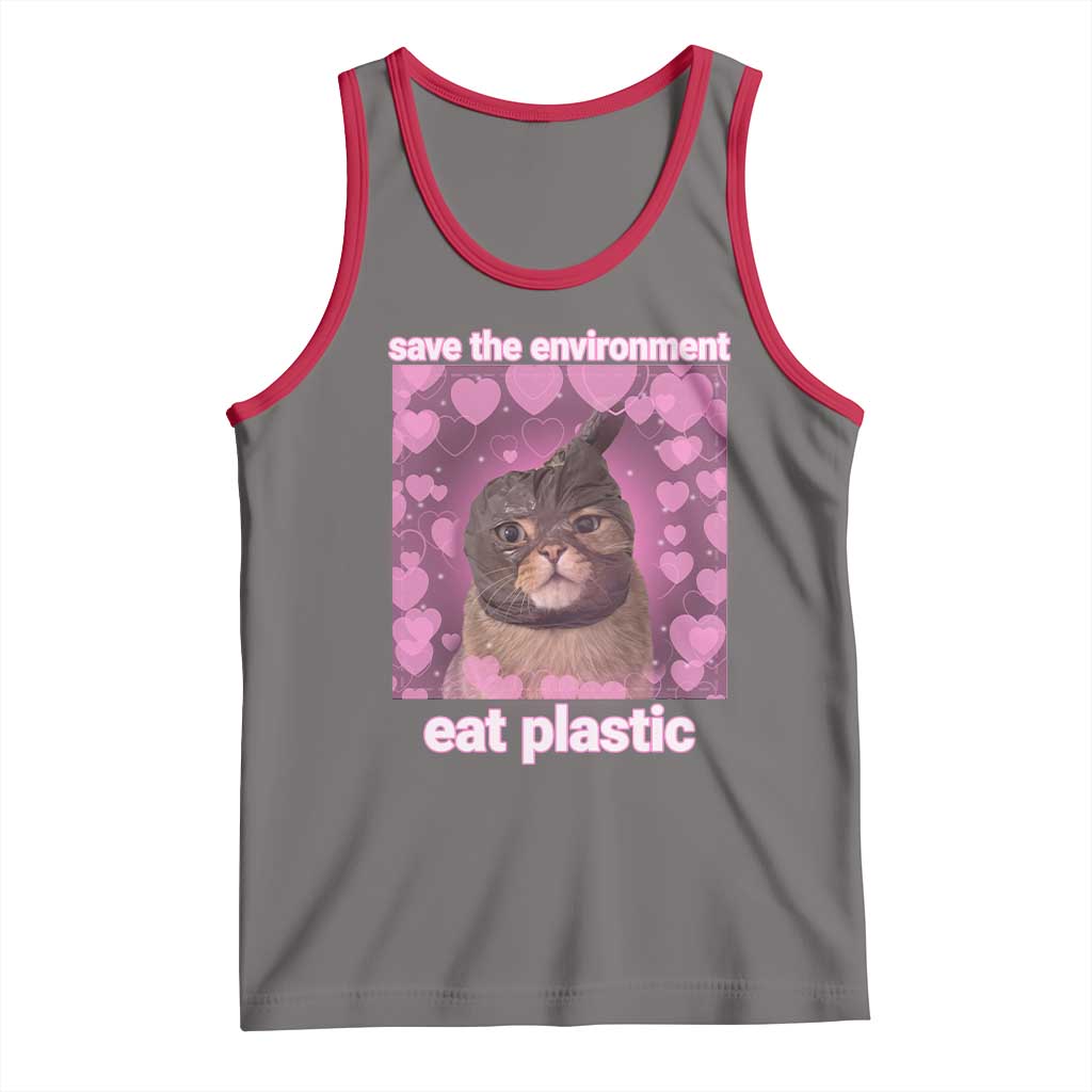 Save The Environment Eat Plastic Tank Top Funny Cute Cat Meme TS14 Deep Heather Red Print Your Wear