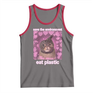 Save The Environment Eat Plastic Tank Top Funny Cute Cat Meme TS14 Deep Heather Red Print Your Wear