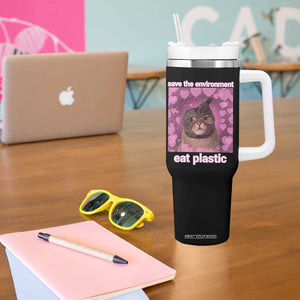 Save The Environment Eat Plastic Tumbler With Handle Funny Cute Cat Meme TS14 Print Your Wear