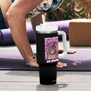 Save The Environment Eat Plastic Tumbler With Handle Funny Cute Cat Meme TS14 Print Your Wear