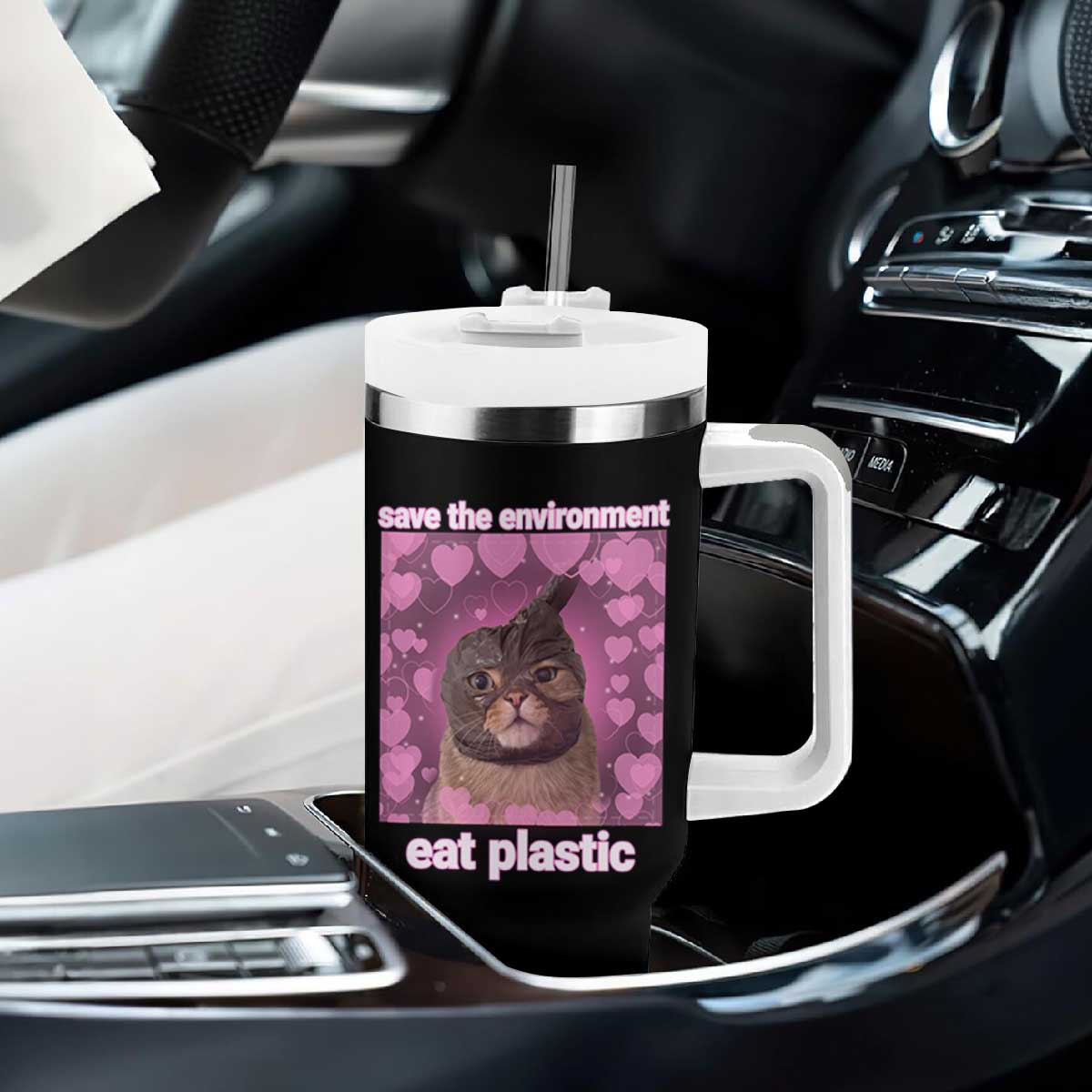 Save The Environment Eat Plastic Tumbler With Handle Funny Cute Cat Meme TS14 Print Your Wear