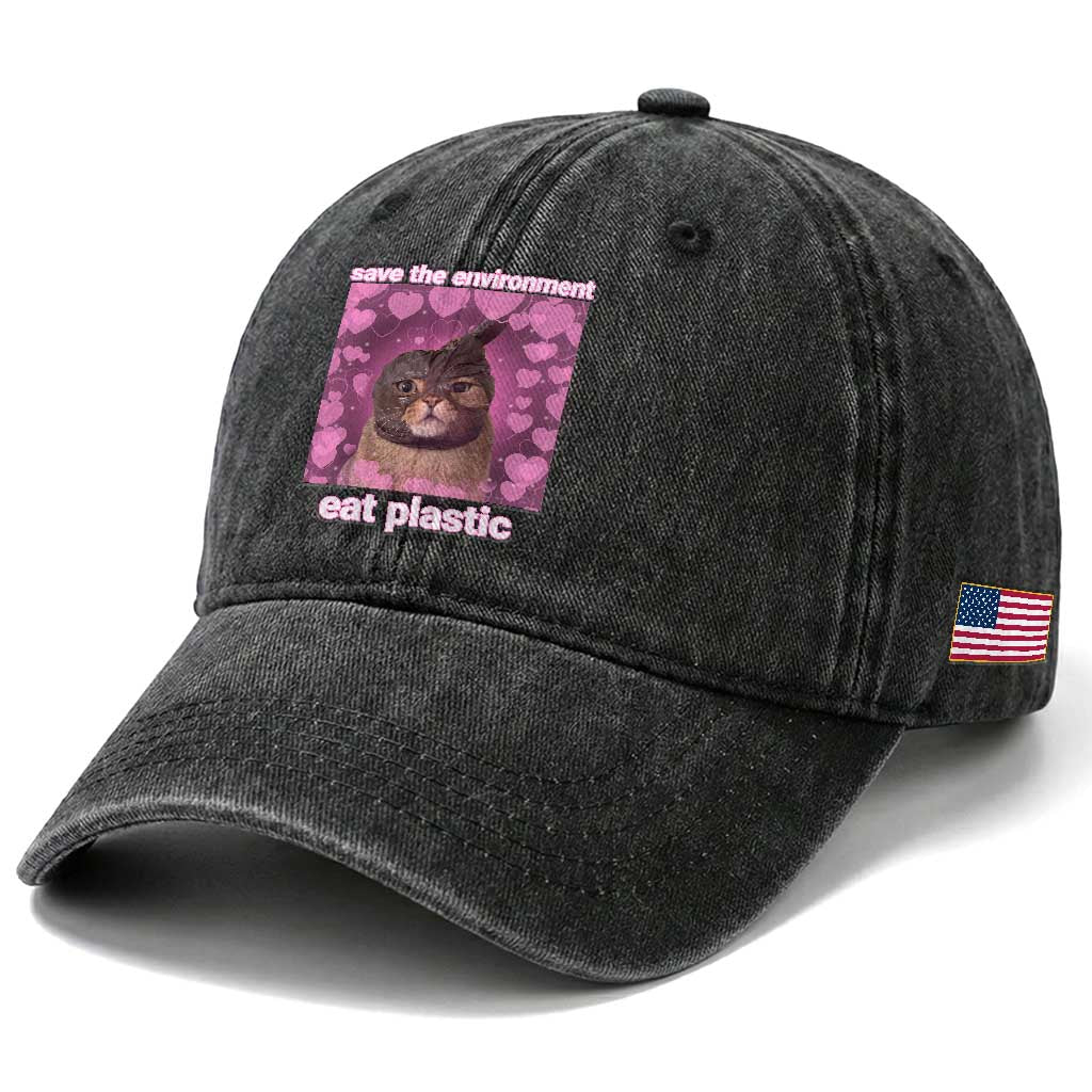Save The Environment Eat Plastic Washed Cotton Baseball Cap Funny Cute Cat Meme TS14 Print Your Wear